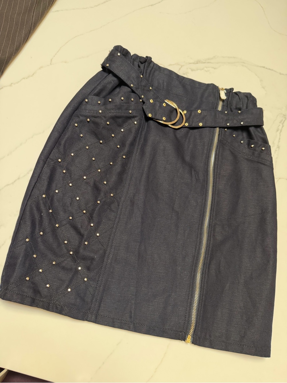 Maje Studded Navy Mini Skirt with Gold Buckle Belt
